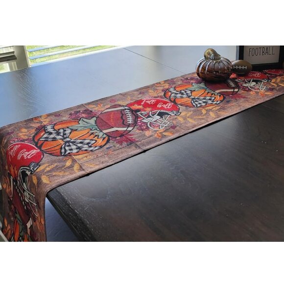 Football Table Runner Pumpkin Fall Decor Autumn Thanksgiving Decoration Cloth - Picture 2 of 8